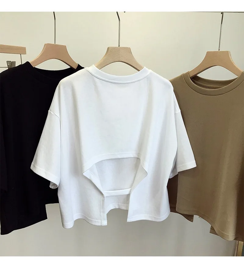 Summer New Ladies Casual Backless T-Shirt 2023 Korean Women Round Neck Loose Sweet Spicy Wind Short-Sleeved Crop Tops