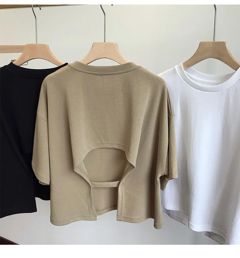 Summer New Ladies Casual Backless T-Shirt 2023 Korean Women Round Neck Loose Sweet Spicy Wind Short-Sleeved Crop Tops