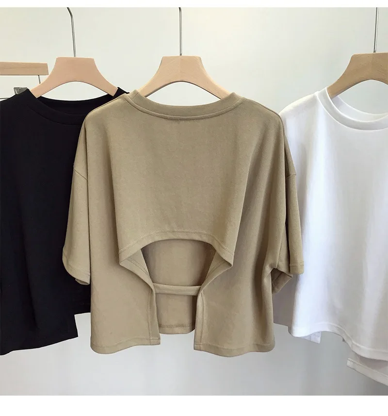 Summer New Ladies Casual Backless T-Shirt 2023 Korean Women Round Neck Loose Sweet Spicy Wind Short-Sleeved Crop Tops