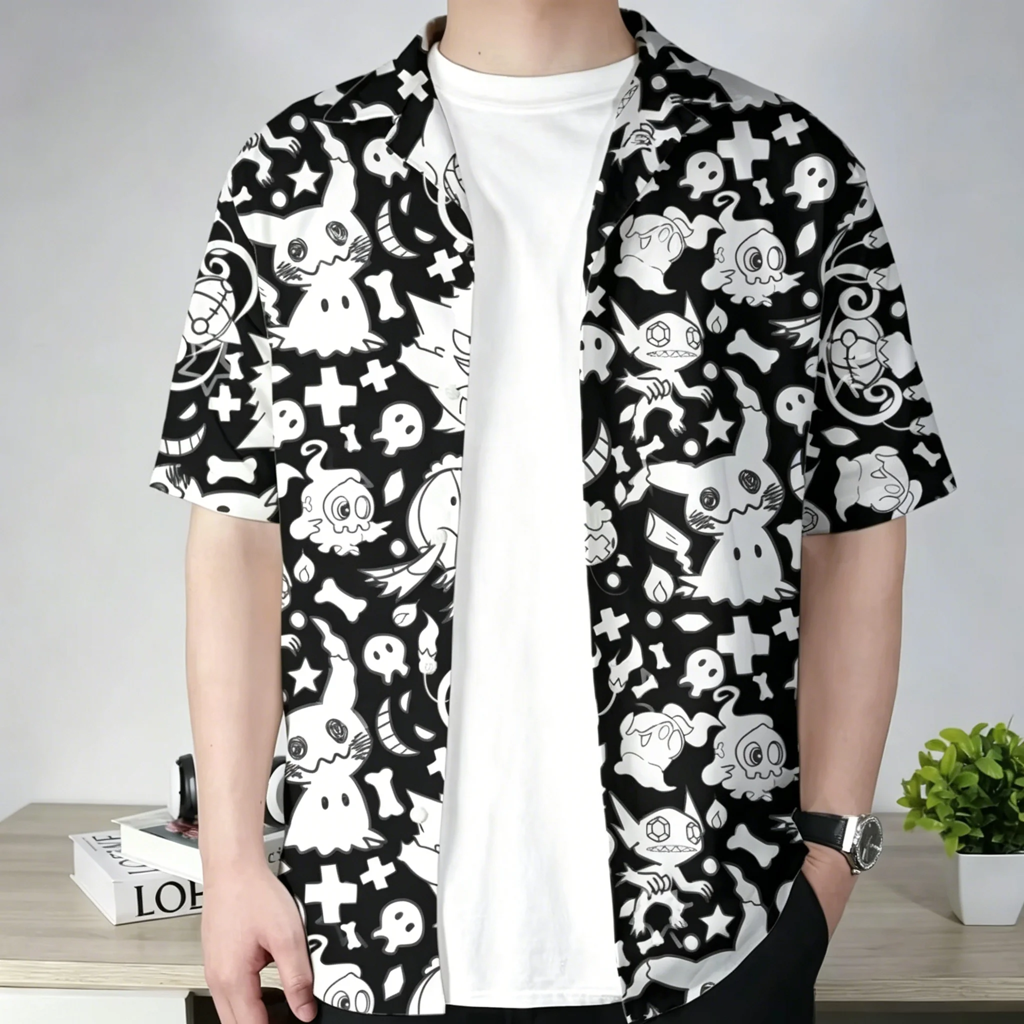 Unisex Kids Adults Summer Black Hawaiian Shirt With Pokémon Ghost-Type Print T Shirt, Aloha Design, Men's Clothing