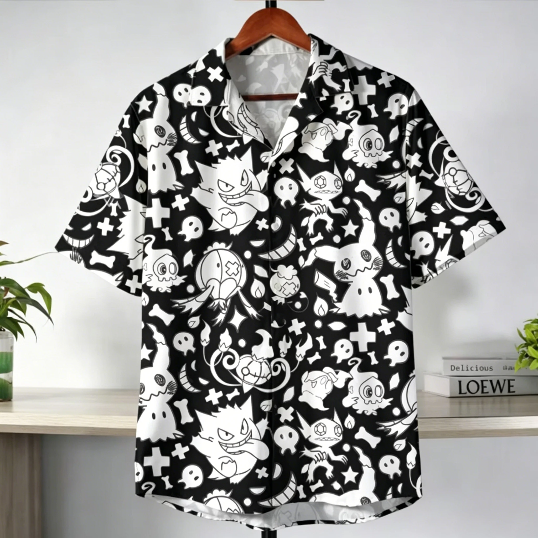 Unisex Kids Adults Summer Black Hawaiian Shirt With Pokémon Ghost-Type Print T Shirt, Aloha Design, Men's Clothing