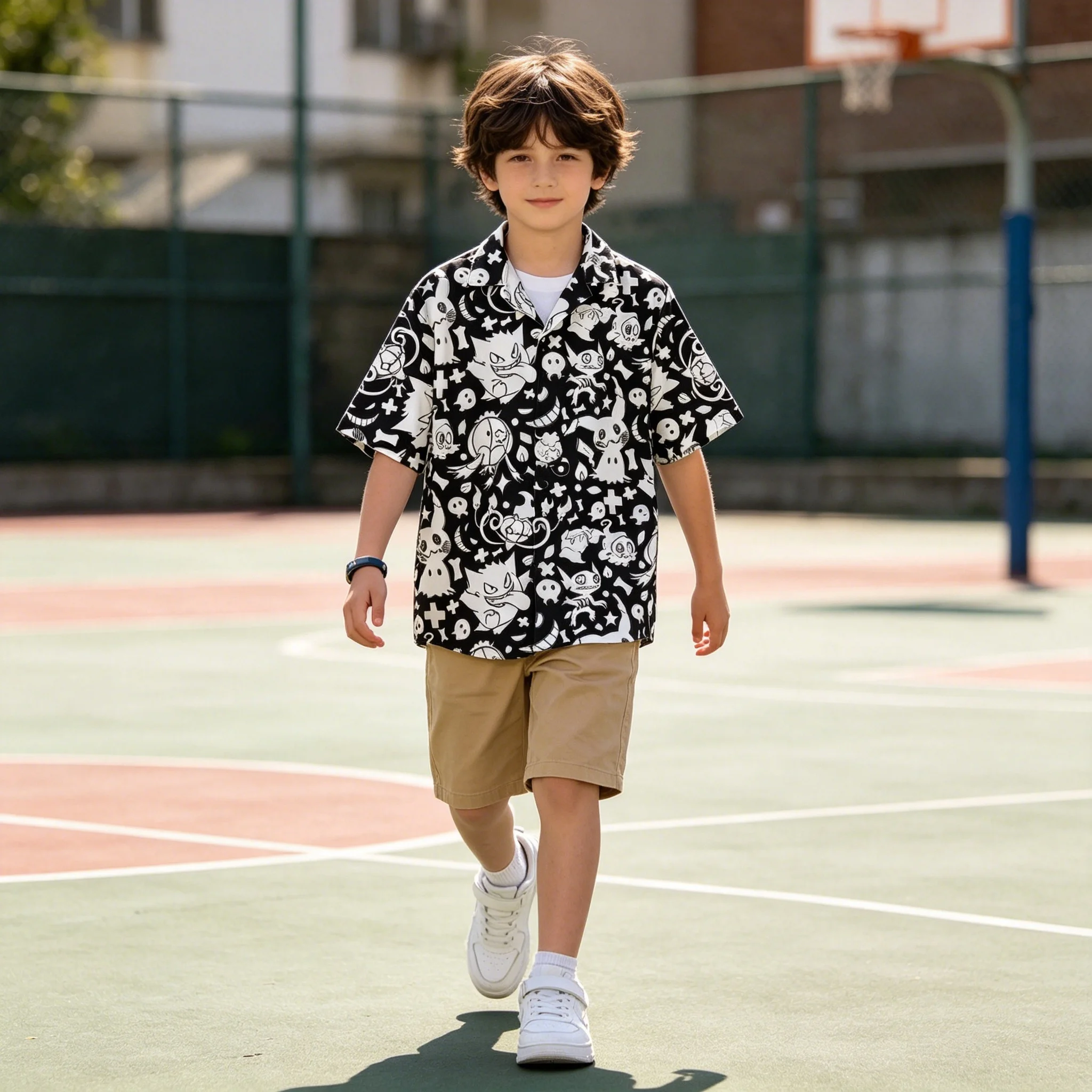 Unisex Kids Adults Summer Black Hawaiian Shirt With Pokémon Ghost-Type Print T Shirt, Aloha Design, Men's Clothing