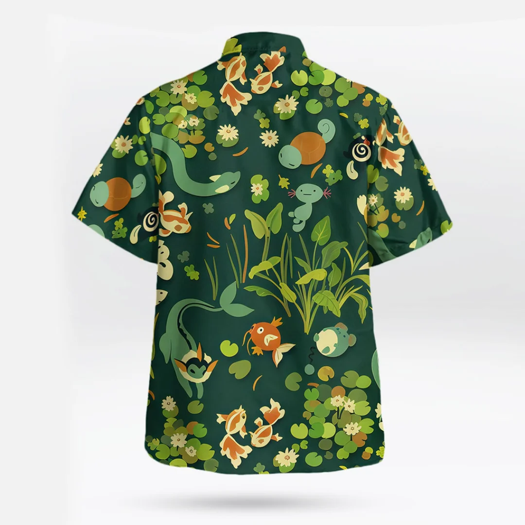 Japanese Healing Pond Cartoon Printed Flower Shirt for Both Men and Women, Summer Loose Collar Vacation Casual Cardigan Top