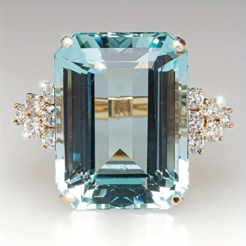 1pc Luxurious Hyperbole Women Ring Cocktail Party Ring with Huge Sky Blue Cubic Zircon Prong Setting Valentine's Gift for Wife
