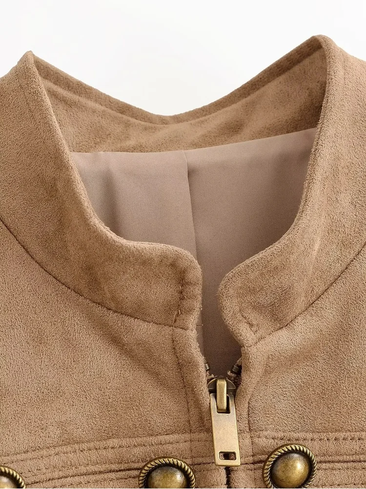 AACHOAE Women Vintage Military Faux Suede Jacket Stand Collar Metal Button Cropped Short Coat Casual Autumn Outerwear