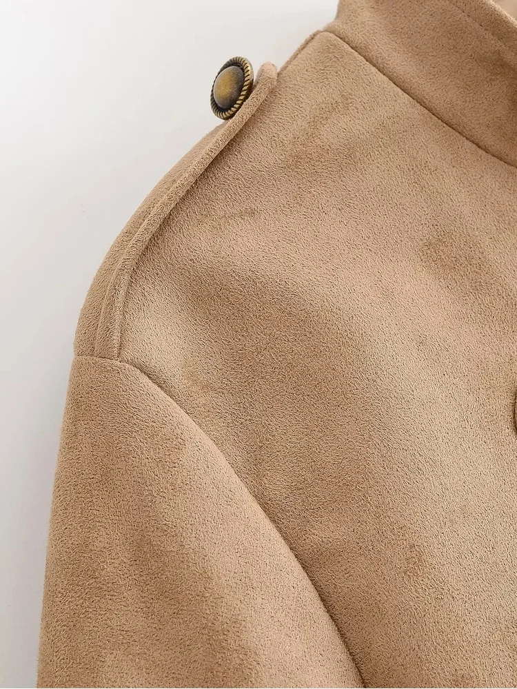 AACHOAE Women Vintage Military Faux Suede Jacket Stand Collar Metal Button Cropped Short Coat Casual Autumn Outerwear