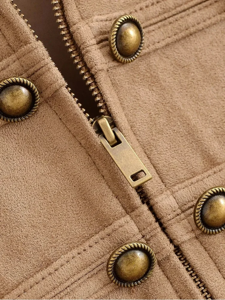 AACHOAE Women Vintage Military Faux Suede Jacket Stand Collar Metal Button Cropped Short Coat Casual Autumn Outerwear