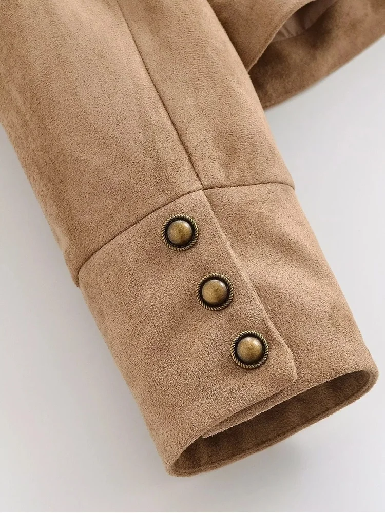AACHOAE Women Vintage Military Faux Suede Jacket Stand Collar Metal Button Cropped Short Coat Casual Autumn Outerwear