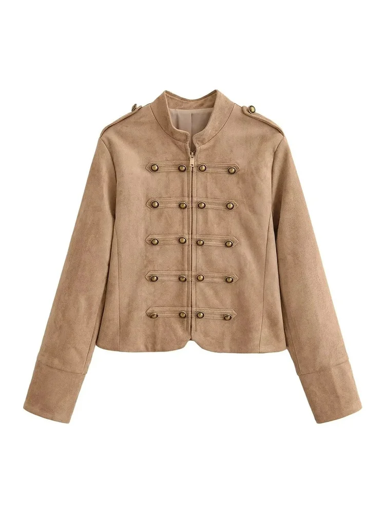 AACHOAE Women Vintage Military Faux Suede Jacket Stand Collar Metal Button Cropped Short Coat Casual Autumn Outerwear