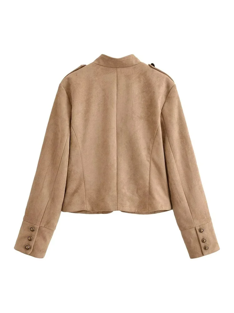 AACHOAE Women Vintage Military Faux Suede Jacket Stand Collar Metal Button Cropped Short Coat Casual Autumn Outerwear