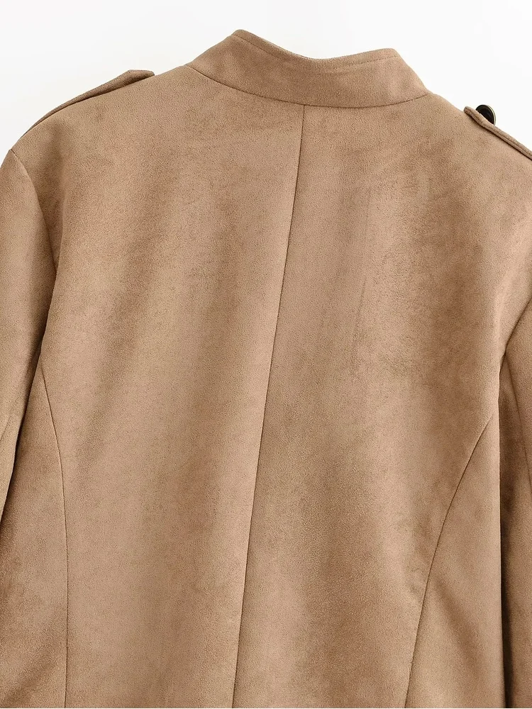AACHOAE Women Vintage Military Faux Suede Jacket Stand Collar Metal Button Cropped Short Coat Casual Autumn Outerwear