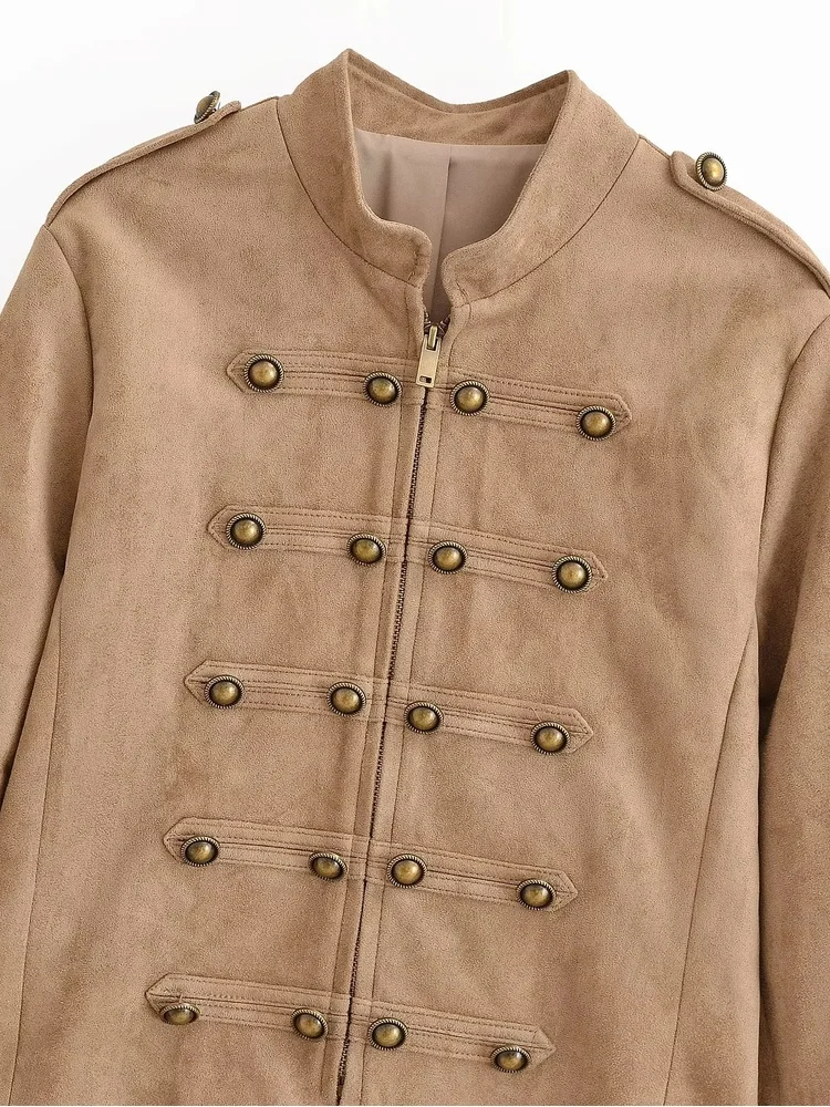 AACHOAE Women Vintage Military Faux Suede Jacket Stand Collar Metal Button Cropped Short Coat Casual Autumn Outerwear