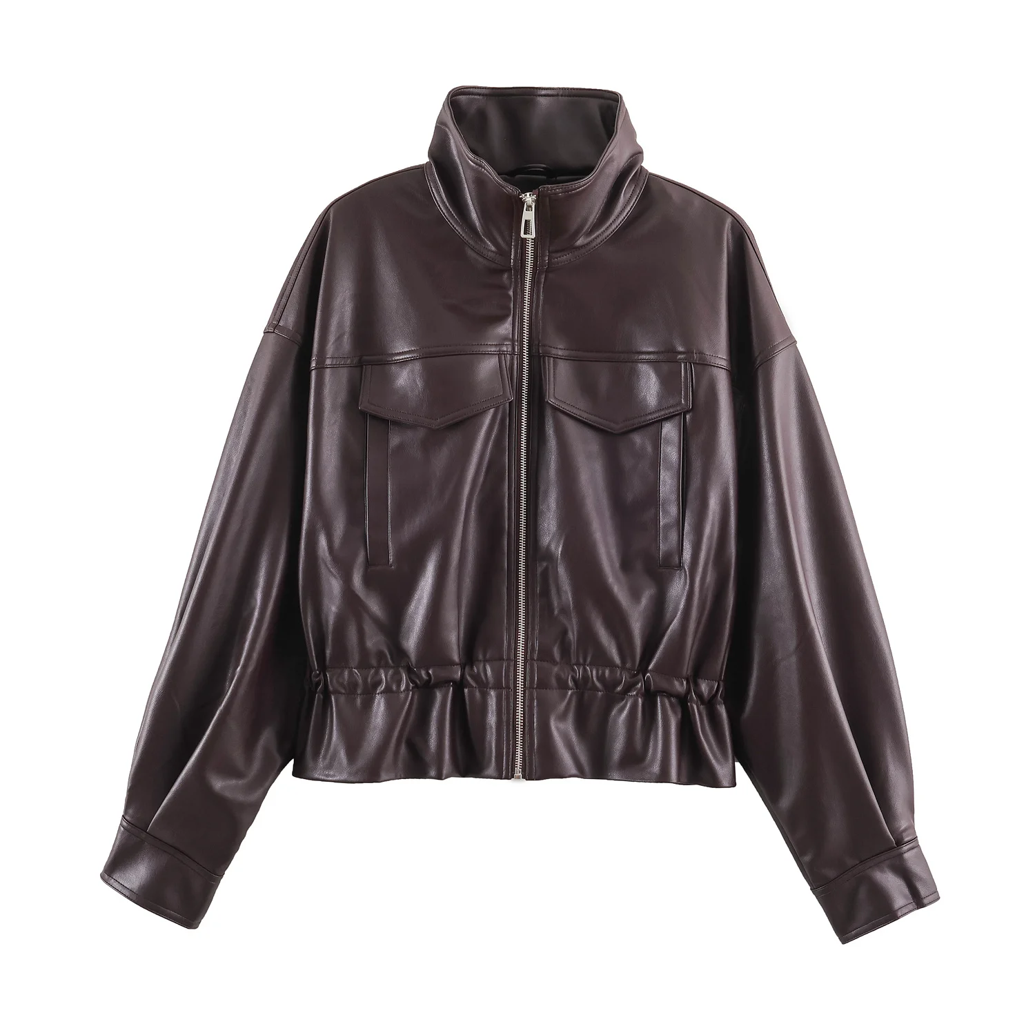 Women Autumn Winter Faux Soft Leather Jackets Coats Lady Brown Black PU Zipper Motorcycle Streetwear Ruffles Tops Brand Casual