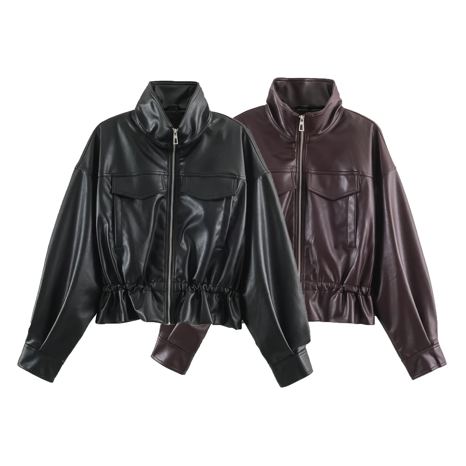 Women Autumn Winter Faux Soft Leather Jackets Coats Lady Brown Black PU Zipper Motorcycle Streetwear Ruffles Tops Brand Casual