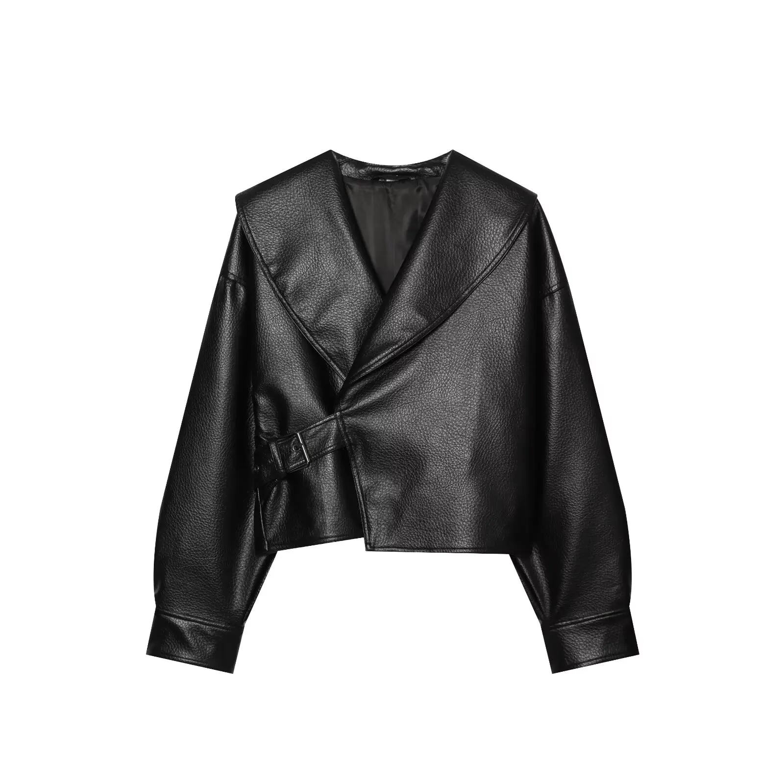 HH Women Vintage Faux Leather Jacket Front Side Buckle Belt Design Long Sleeve Lapel Short Coat Autumn Fashion Street Outerwear