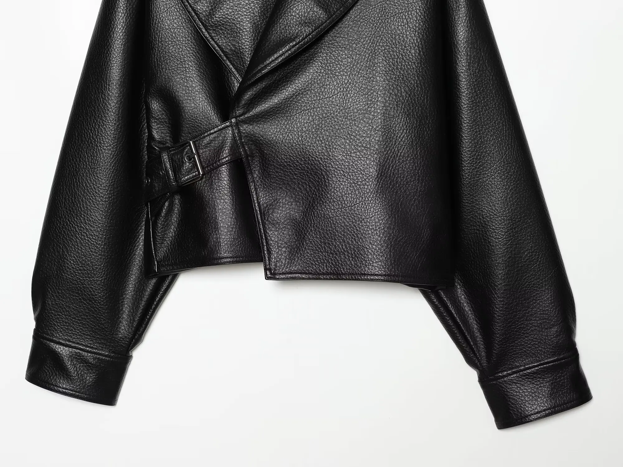 HH Women Vintage Faux Leather Jacket Front Side Buckle Belt Design Long Sleeve Lapel Short Coat Autumn Fashion Street Outerwear