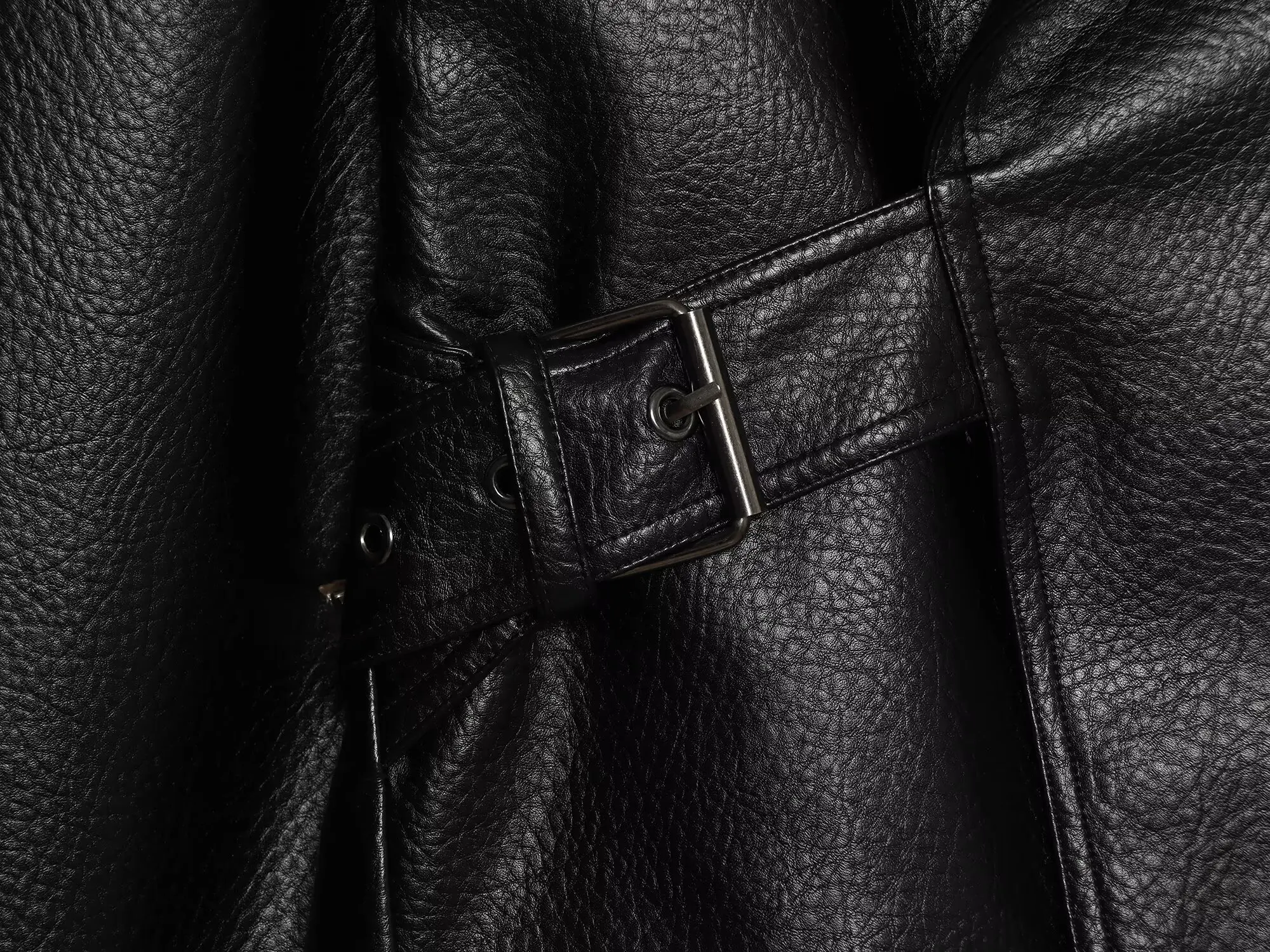 HH Women Vintage Faux Leather Jacket Front Side Buckle Belt Design Long Sleeve Lapel Short Coat Autumn Fashion Street Outerwear