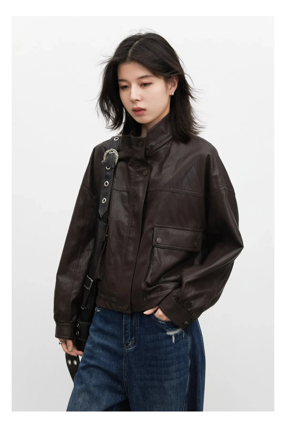 CHIC VEN Retro Coffee Women Faux Leather Jackets Fashion Stand Up Collar Zipper Casual Short Coats Spring Autumn New 2026