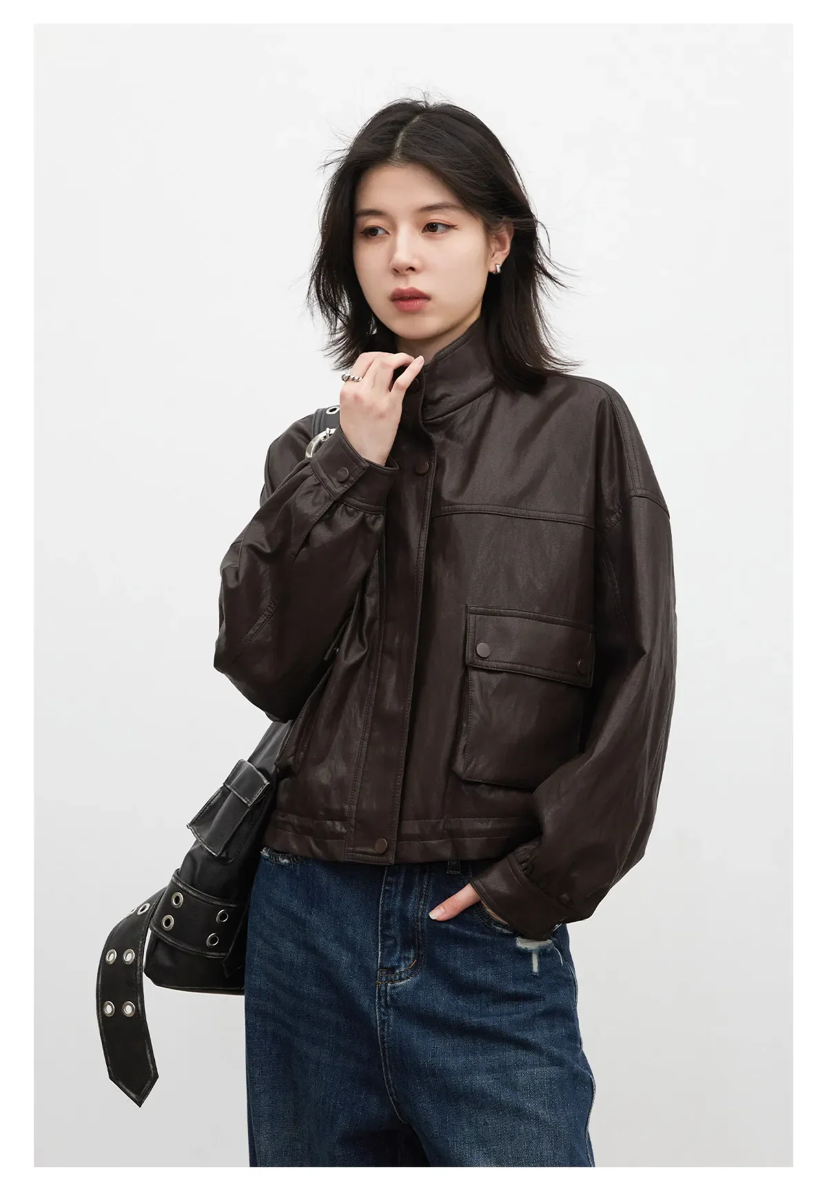 CHIC VEN Retro Coffee Women Faux Leather Jackets Fashion Stand Up Collar Zipper Casual Short Coats Spring Autumn New 2026