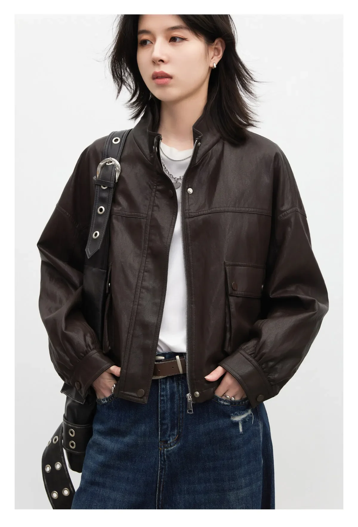 CHIC VEN Retro Coffee Women Faux Leather Jackets Fashion Stand Up Collar Zipper Casual Short Coats Spring Autumn New 2026