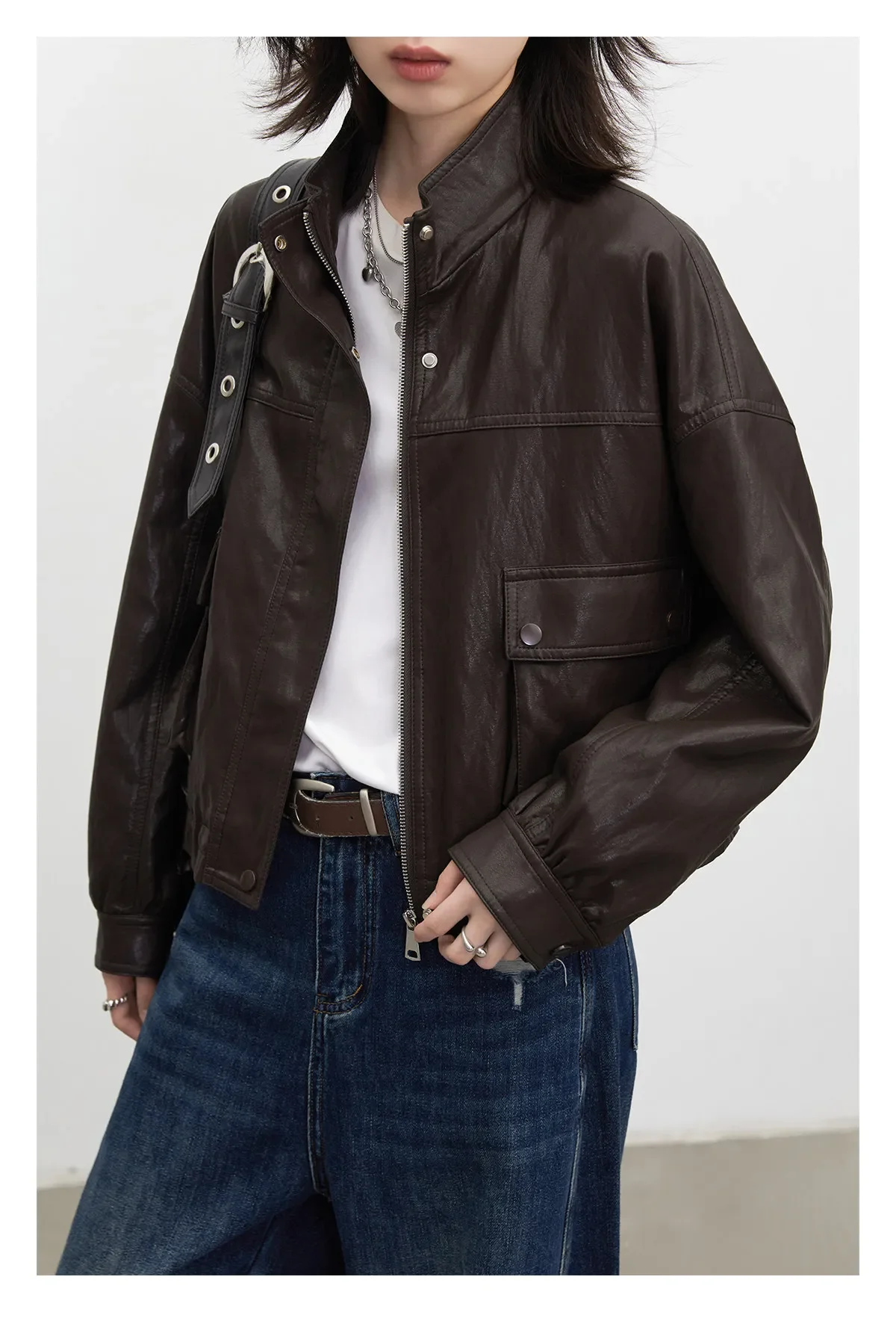 CHIC VEN Retro Coffee Women Faux Leather Jackets Fashion Stand Up Collar Zipper Casual Short Coats Spring Autumn New 2026