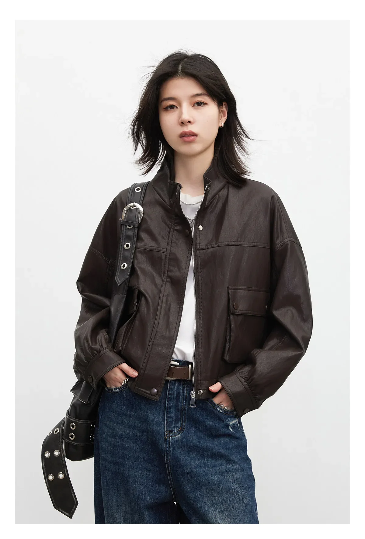 CHIC VEN Retro Coffee Women Faux Leather Jackets Fashion Stand Up Collar Zipper Casual Short Coats Spring Autumn New 2026