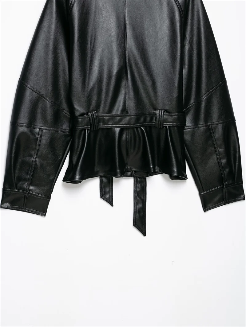 Guobioziy Women's Jacket 2026 Autumn New Fashion Long-Sleeve Turn-Down Collar Leather-Effect Belted Waist Coat