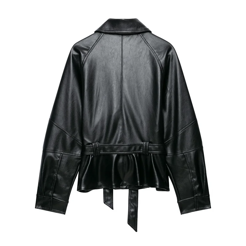 Guobioziy Women's Jacket 2026 Autumn New Fashion Long-Sleeve Turn-Down Collar Leather-Effect Belted Waist Coat