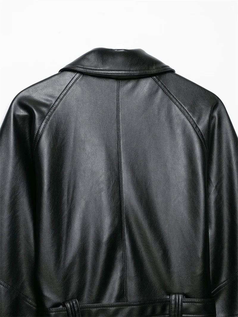 Guobioziy Women's Jacket 2026 Autumn New Fashion Long-Sleeve Turn-Down Collar Leather-Effect Belted Waist Coat
