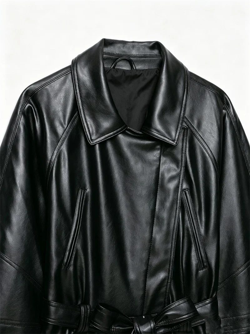 Guobioziy Women's Jacket 2026 Autumn New Fashion Long-Sleeve Turn-Down Collar Leather-Effect Belted Waist Coat