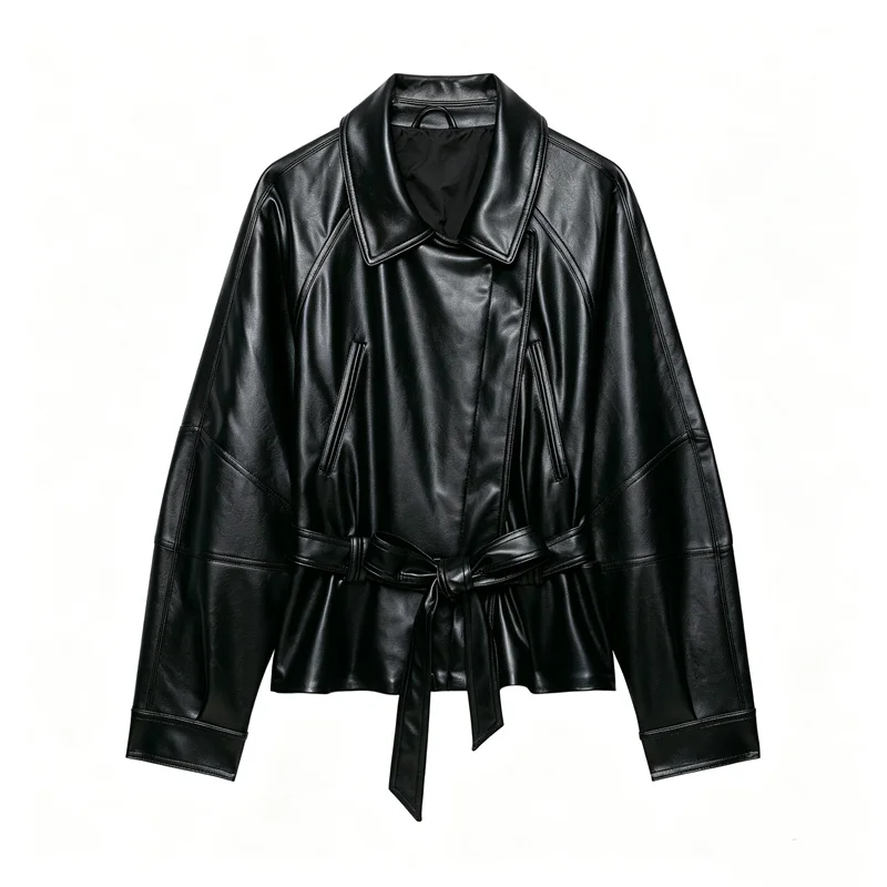 Guobioziy Women's Jacket 2026 Autumn New Fashion Long-Sleeve Turn-Down Collar Leather-Effect Belted Waist Coat