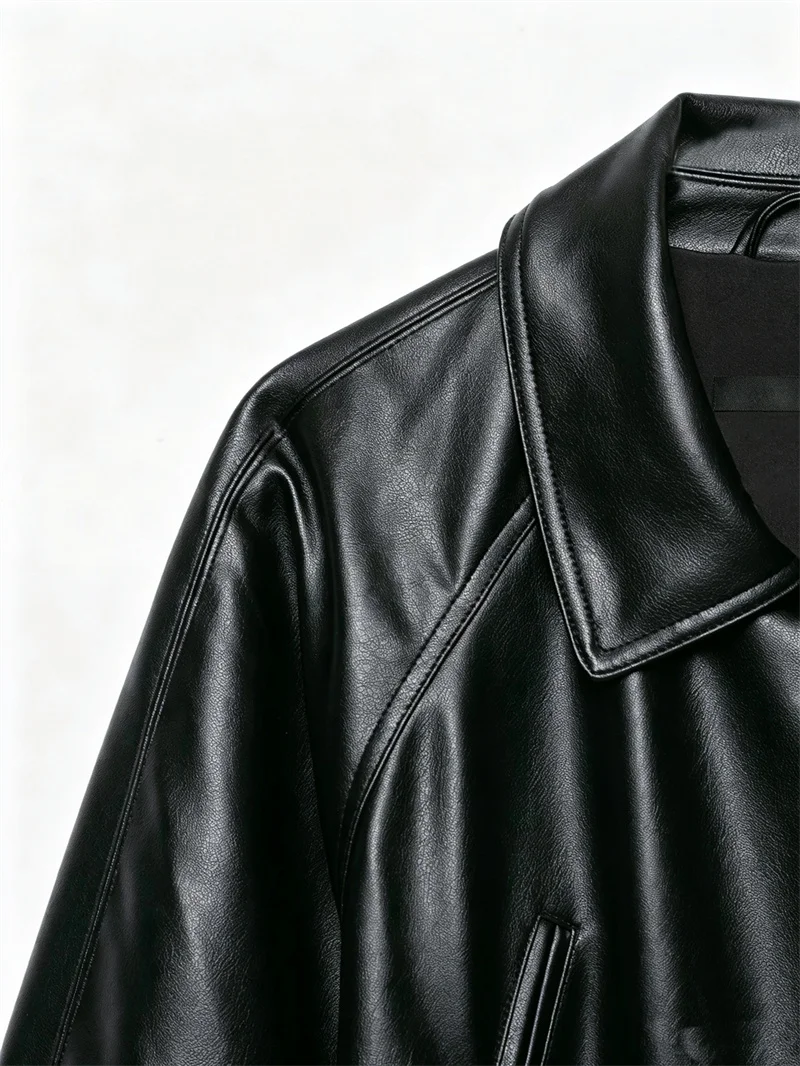 Guobioziy Women's Jacket 2026 Autumn New Fashion Long-Sleeve Turn-Down Collar Leather-Effect Belted Waist Coat