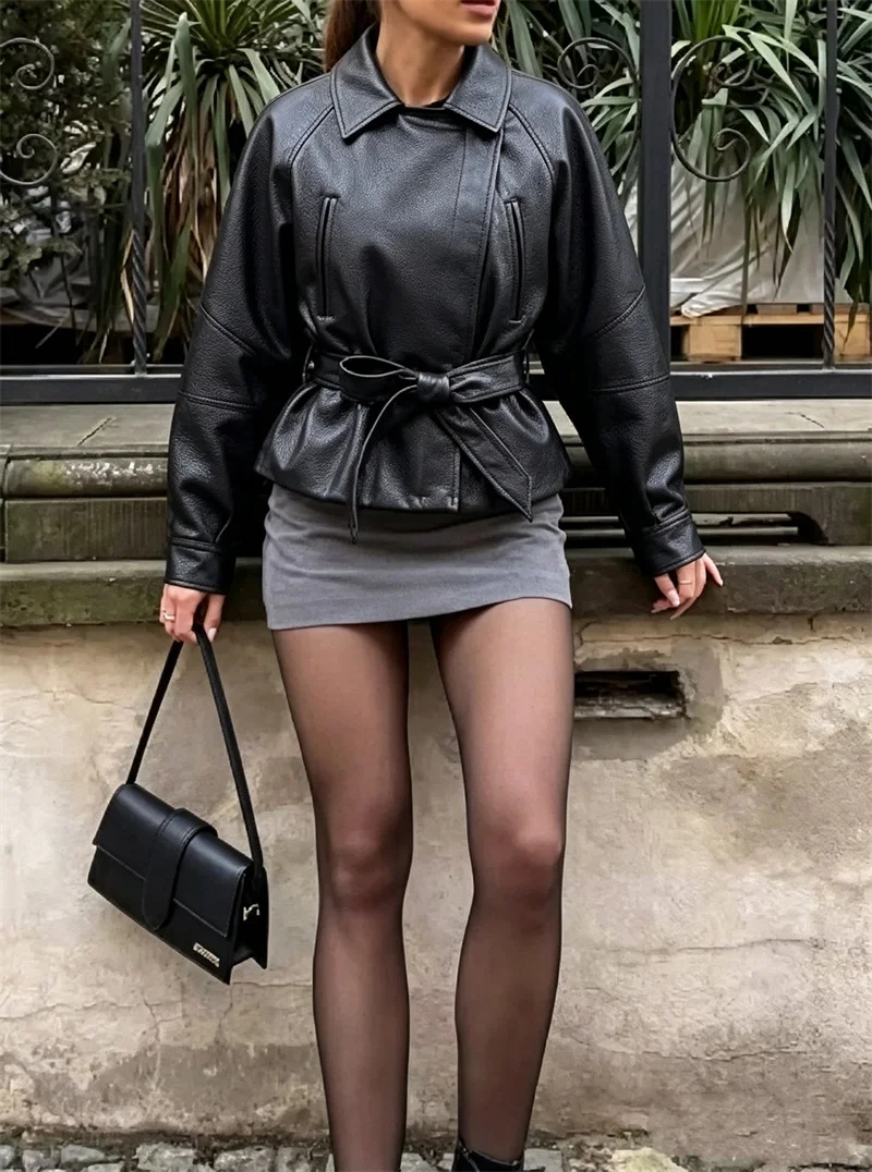 Guobioziy Women's Jacket 2026 Autumn New Fashion Long-Sleeve Turn-Down Collar Leather-Effect Belted Waist Coat