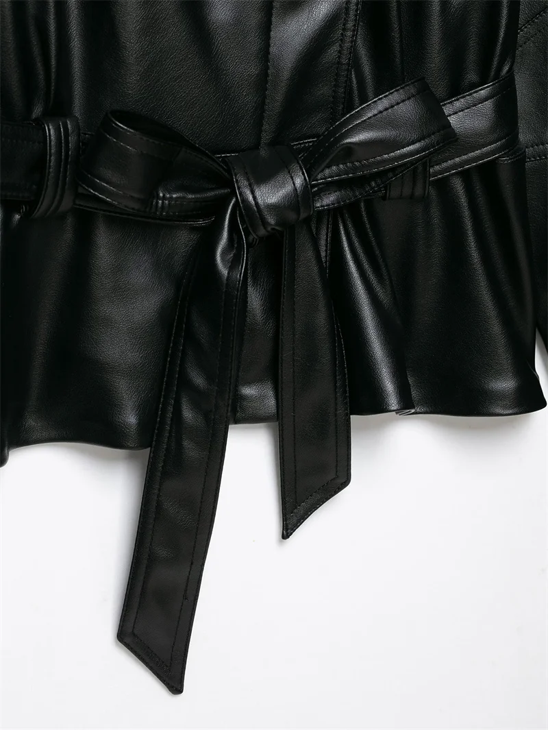Guobioziy Women's Jacket 2026 Autumn New Fashion Long-Sleeve Turn-Down Collar Leather-Effect Belted Waist Coat