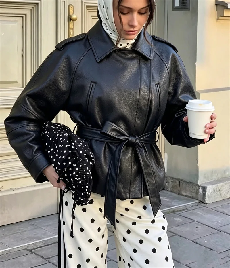 Guobioziy Women's Jacket 2026 Autumn New Fashion Long-Sleeve Turn-Down Collar Leather-Effect Belted Waist Coat