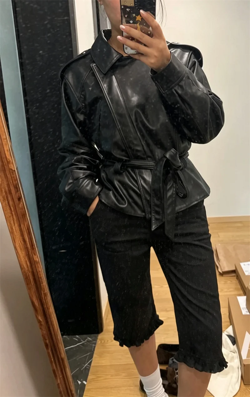Guobioziy Women's Jacket 2026 Autumn New Fashion Long-Sleeve Turn-Down Collar Leather-Effect Belted Waist Coat