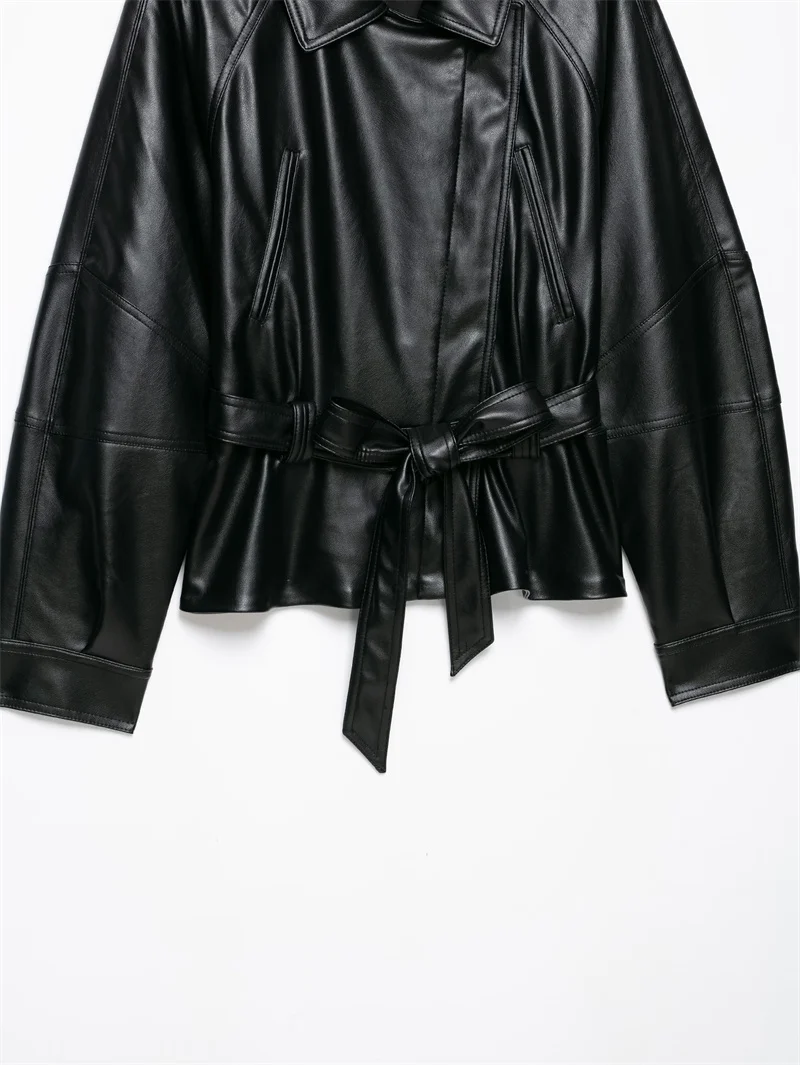Guobioziy Women's Jacket 2026 Autumn New Fashion Long-Sleeve Turn-Down Collar Leather-Effect Belted Waist Coat