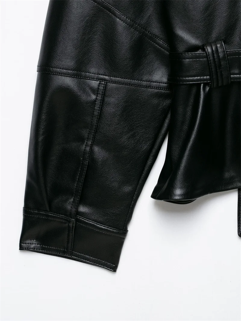 Guobioziy Women's Jacket 2026 Autumn New Fashion Long-Sleeve Turn-Down Collar Leather-Effect Belted Waist Coat