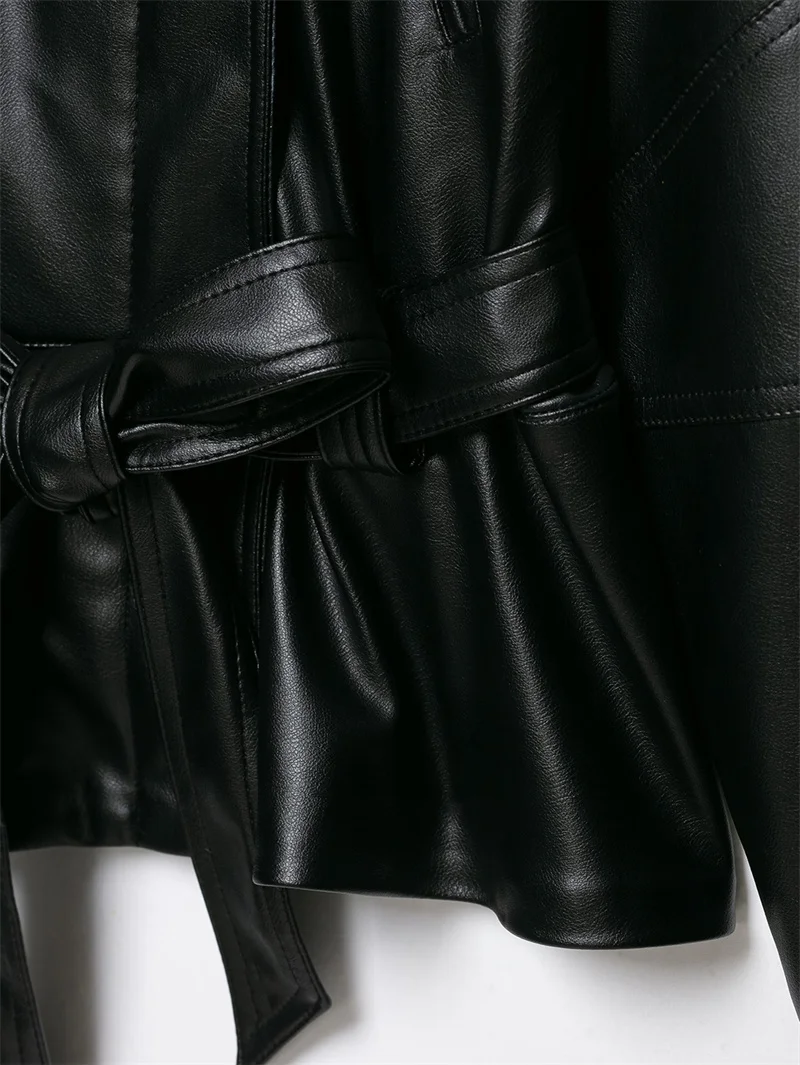 Guobioziy Women's Jacket 2026 Autumn New Fashion Long-Sleeve Turn-Down Collar Leather-Effect Belted Waist Coat