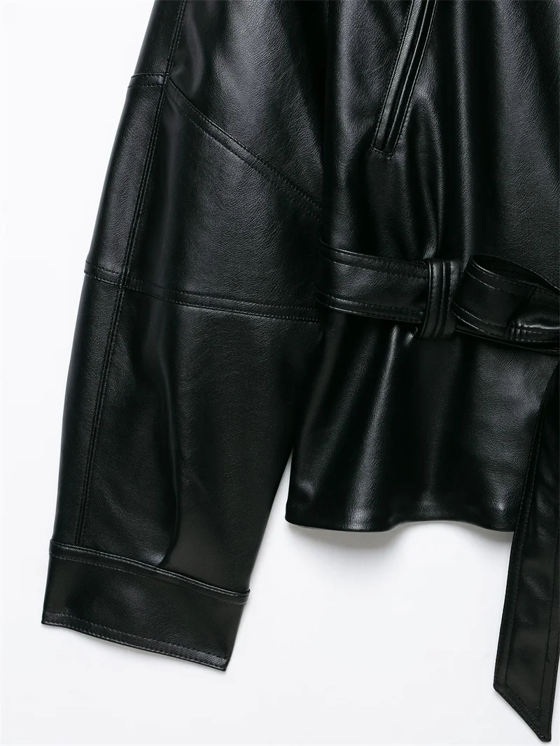 Guobioziy Women's Jacket 2026 Autumn New Fashion Long-Sleeve Turn-Down Collar Leather-Effect Belted Waist Coat