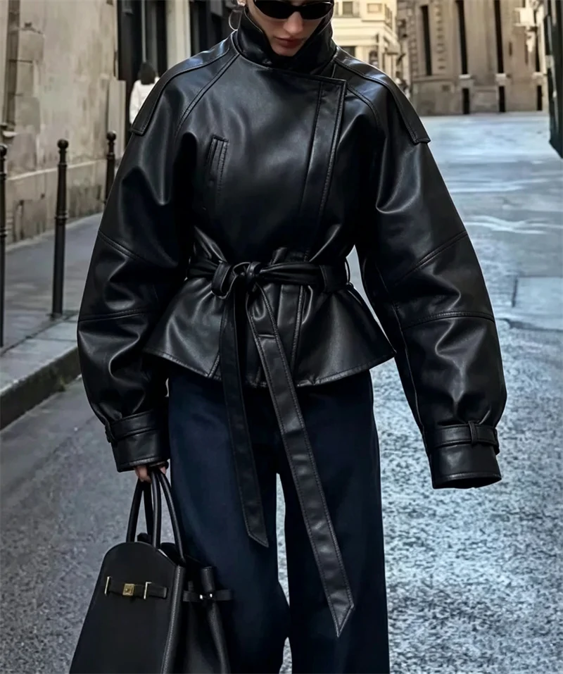 Guobioziy Women's Jacket 2026 Autumn New Fashion Long-Sleeve Turn-Down Collar Leather-Effect Belted Waist Coat