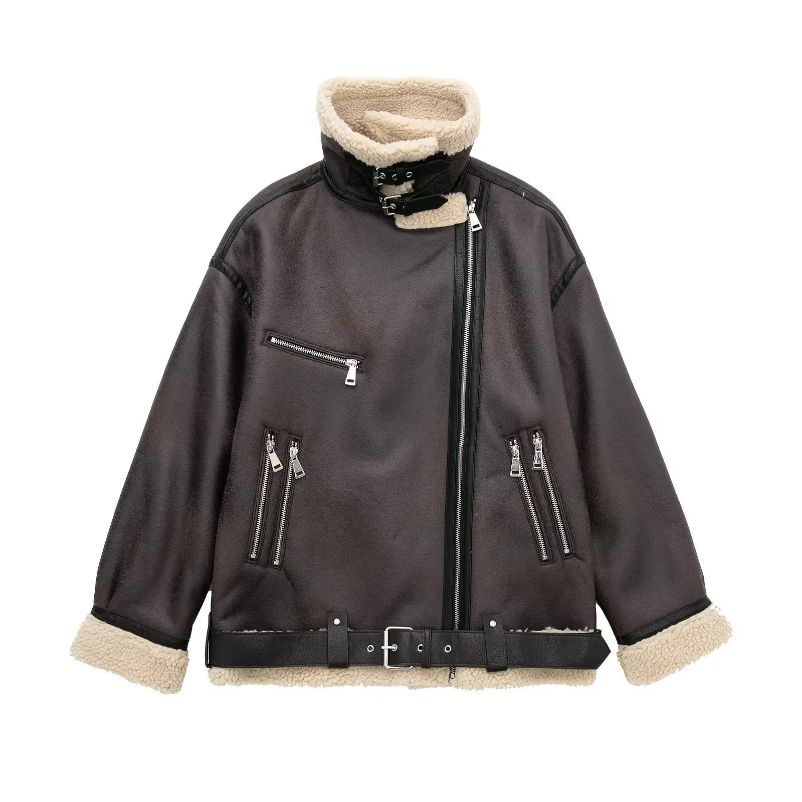 Luxury Faux Sheepskin Coat Women Winter Warm Oversized Motorcycle Jacket Coats