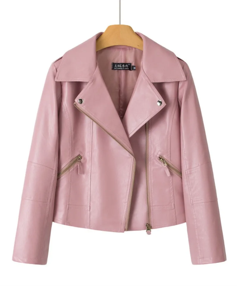 2026 Fashion Pink Black Leather Jacket Women's Short Coat Spring Autumn Zip-up Loose PU Leather Outerwear Student Casual Jackets