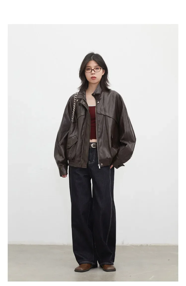 CHIC VEN Women Faux Leather Jackets Vintage Casual Solid Loose Stand Up Collar Coats Girl PU Clothes Spring Autumn New 2026