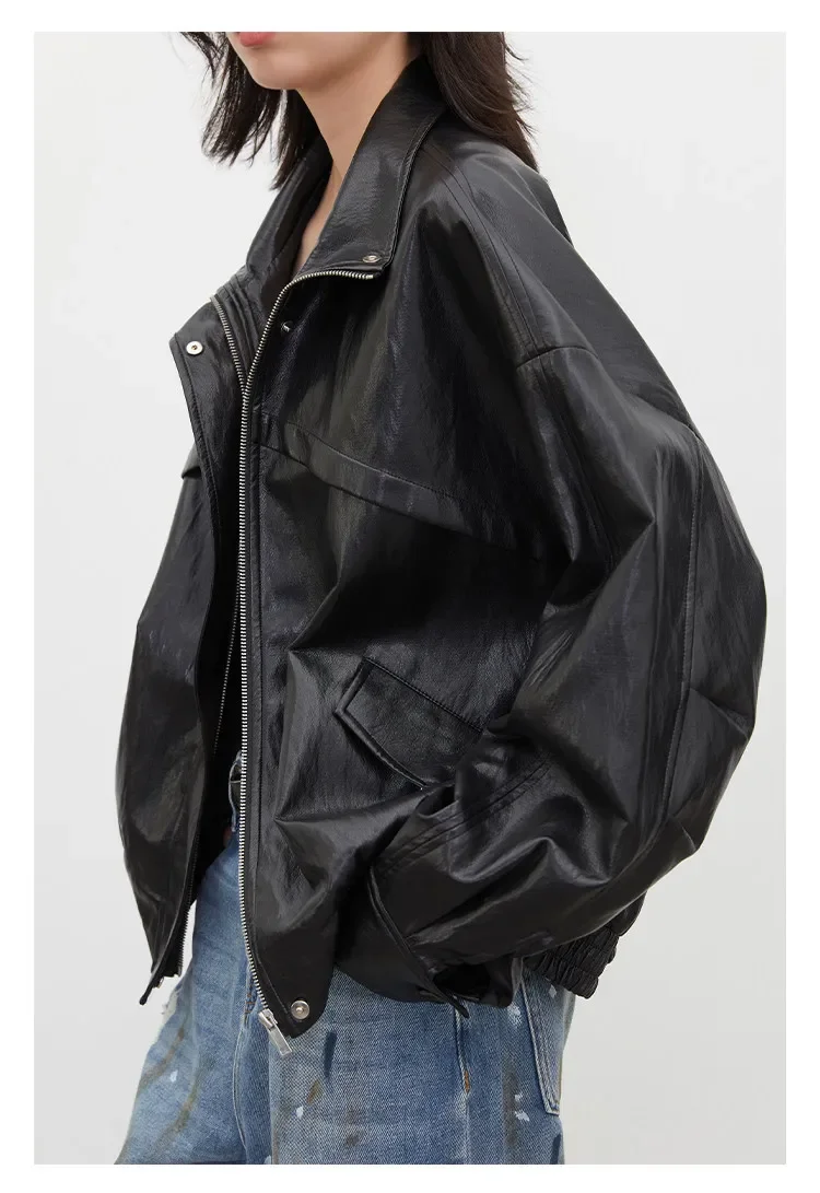 CHIC VEN Women Faux Leather Jackets Vintage Casual Solid Loose Stand Up Collar Coats Girl PU Clothes Spring Autumn New 2026