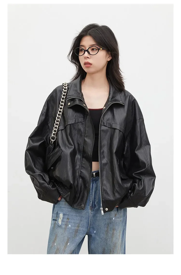 CHIC VEN Women Faux Leather Jackets Vintage Casual Solid Loose Stand Up Collar Coats Girl PU Clothes Spring Autumn New 2026