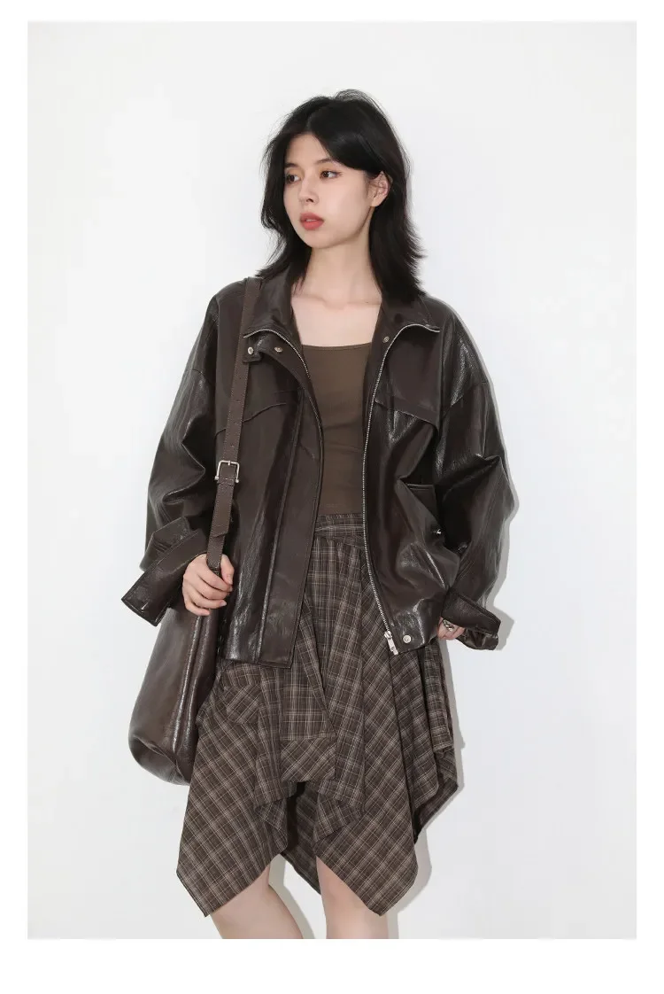 CHIC VEN Women Faux Leather Jackets Vintage Casual Solid Loose Stand Up Collar Coats Girl PU Clothes Spring Autumn New 2026