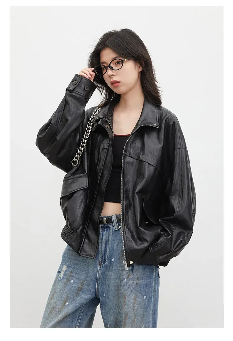 CHIC VEN Women Faux Leather Jackets Vintage Casual Solid Loose Stand Up Collar Coats Girl PU Clothes Spring Autumn New 2026