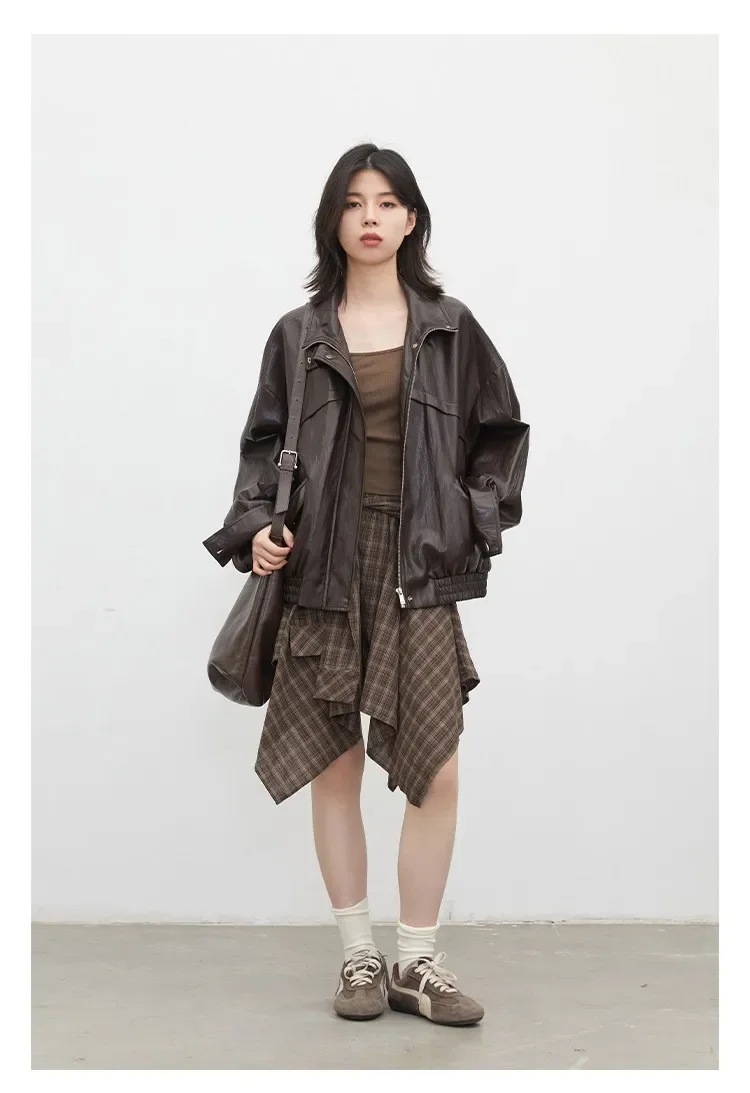 CHIC VEN Women Faux Leather Jackets Vintage Casual Solid Loose Stand Up Collar Coats Girl PU Clothes Spring Autumn New 2026