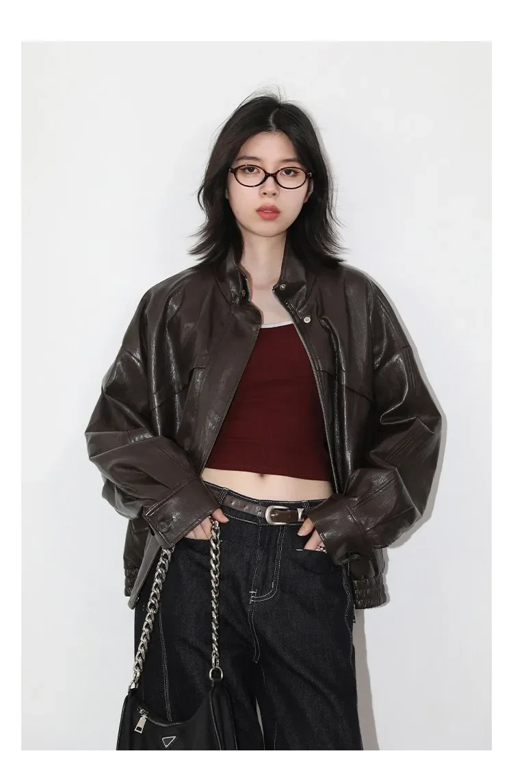 CHIC VEN Women Faux Leather Jackets Vintage Casual Solid Loose Stand Up Collar Coats Girl PU Clothes Spring Autumn New 2026
